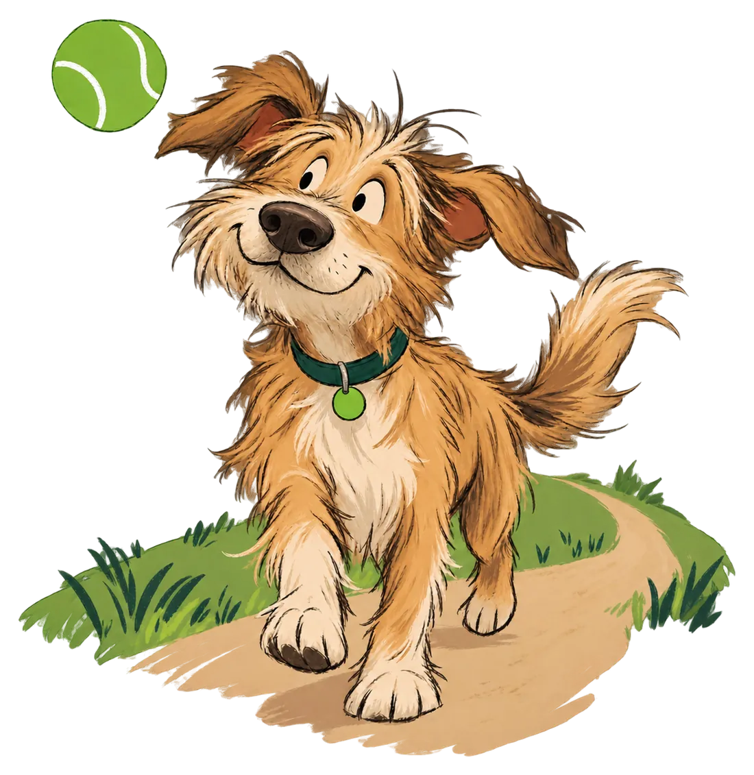 A scruffy cartoon dog trotting up a dirt trail after a tennis ball