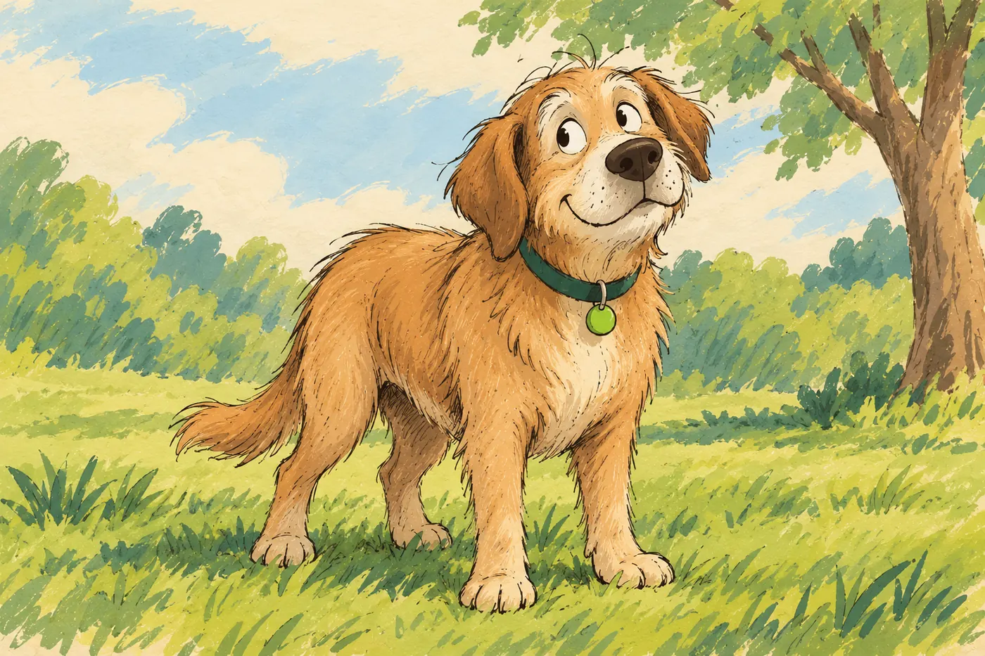 An older golden cartoon dog standing calmly on soft grass under a tree